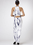 Maxi Dress - Sleeveless / Contrasting Free-Form Vertical Print / Halter Style